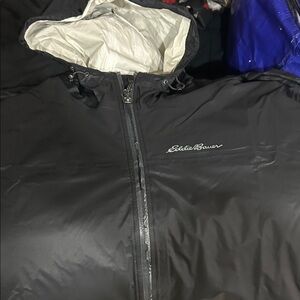Eddie Bauer Black Hooded Raincoat with Light Lining